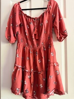 Women's Coral Butterfly Midi Dress with Smocked Waist
